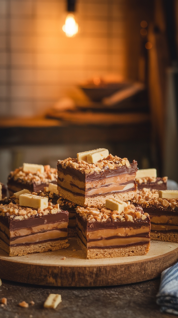 A close-up of homemade caramel crunch bars with layers of graham cracker, caramel, and chocolate, garnished with Butterfinger pieces.